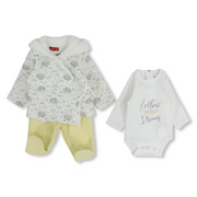 Baby Girls 3-Piece Cotton Pajama Set – Off-White with Teapots and Birds Design