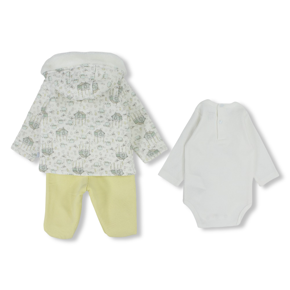 Baby Girls 3-Piece Cotton Pajama Set – Off-White with Teapots and Birds Design