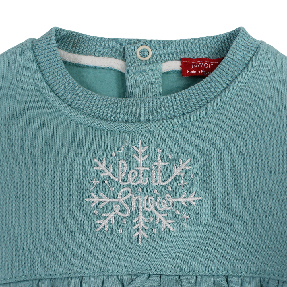 Baby Girls Cotton Footless Onesie – Aqua with Snow Flake Embroidery