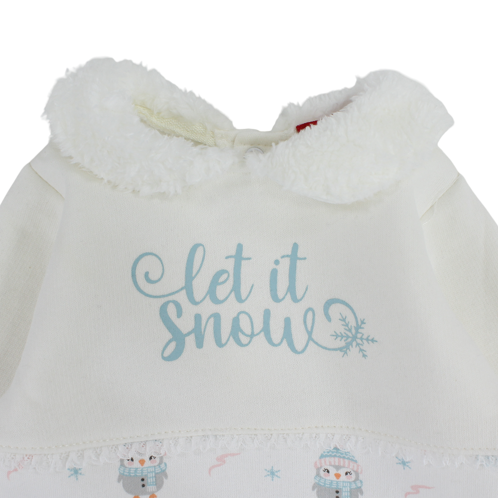 Baby Girls Cotton Baby Footie – Off-White with “Let It Snow” Design