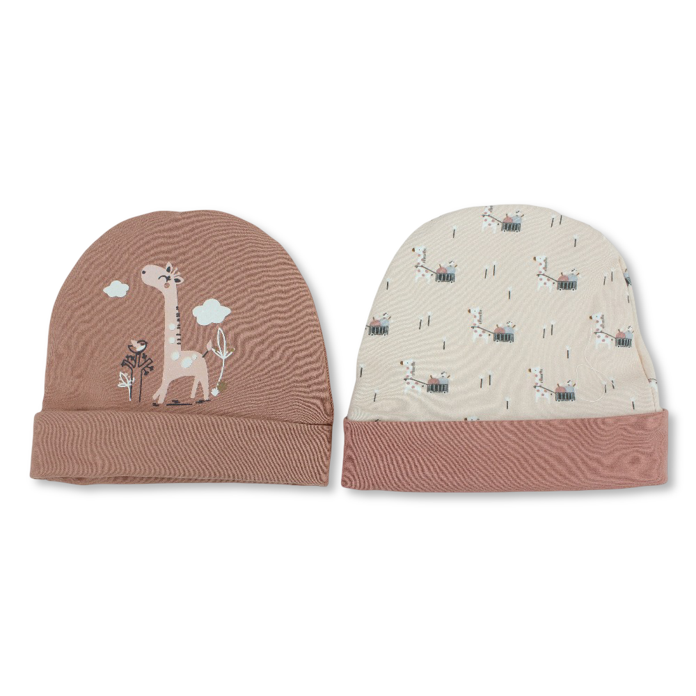 Baby Girls Cotton Beanie Set – Pink & Brick with Giraffe Design (2 Pieces)