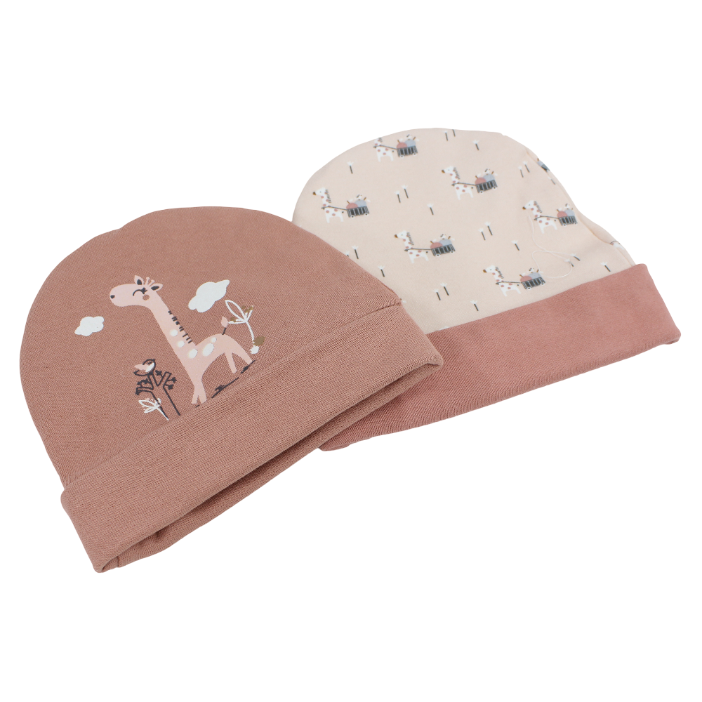 Baby Girls Cotton Beanie Set – Pink & Brick with Giraffe Design (2 Pieces)