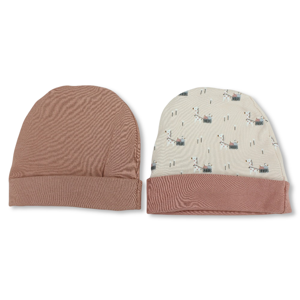 Baby Girls Cotton Beanie Set – Pink & Brick with Giraffe Design (2 Pieces)
