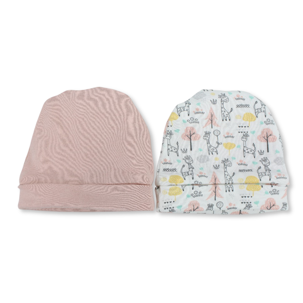 Baby Girls Cotton Beanie Set – Off-White & Pink with Giraffe Design (2 Pieces)