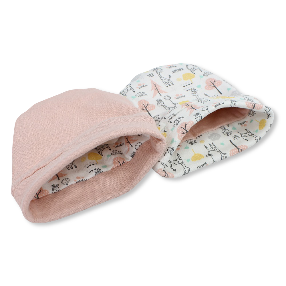 Baby Girls Cotton Beanie Set – Off-White & Pink with Giraffe Design (2 Pieces)