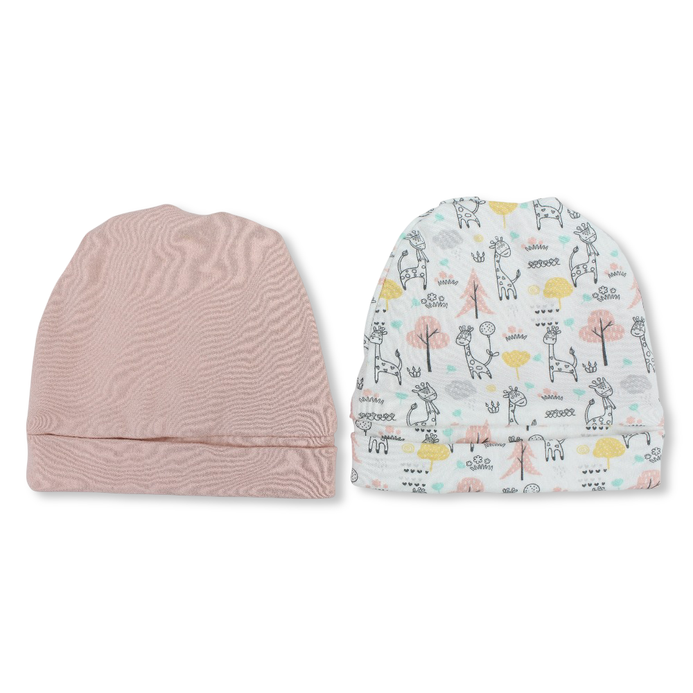 Baby Girls Cotton Beanie Set – Off-White & Pink with Giraffe Design (2 Pieces)