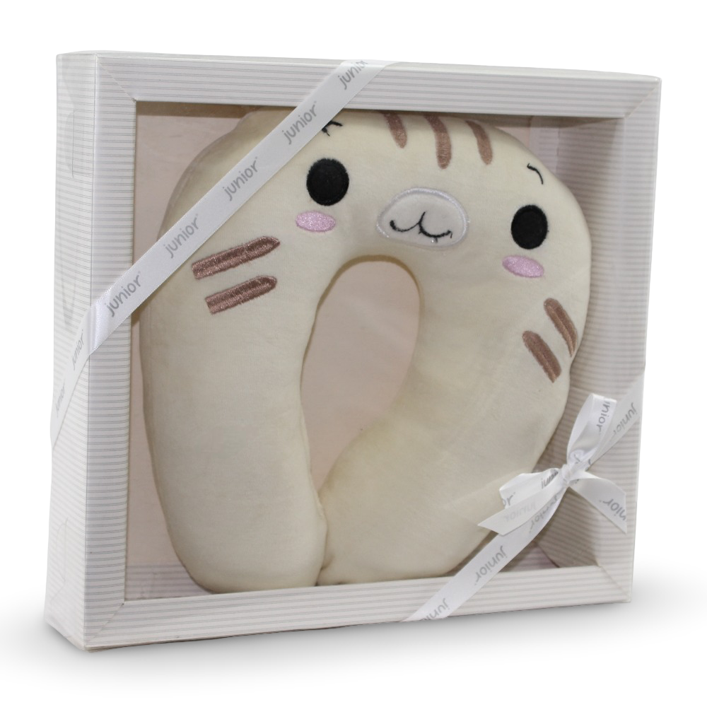 Unisex Baby Velvet Head Support Pillow – Off-White with Kitten Design