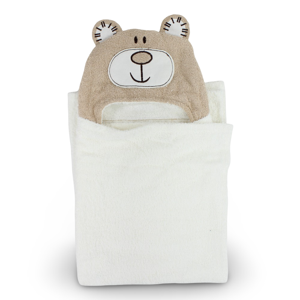 Baby Cotton Hooded Towel  – Off-White & Coffee with Bear Design