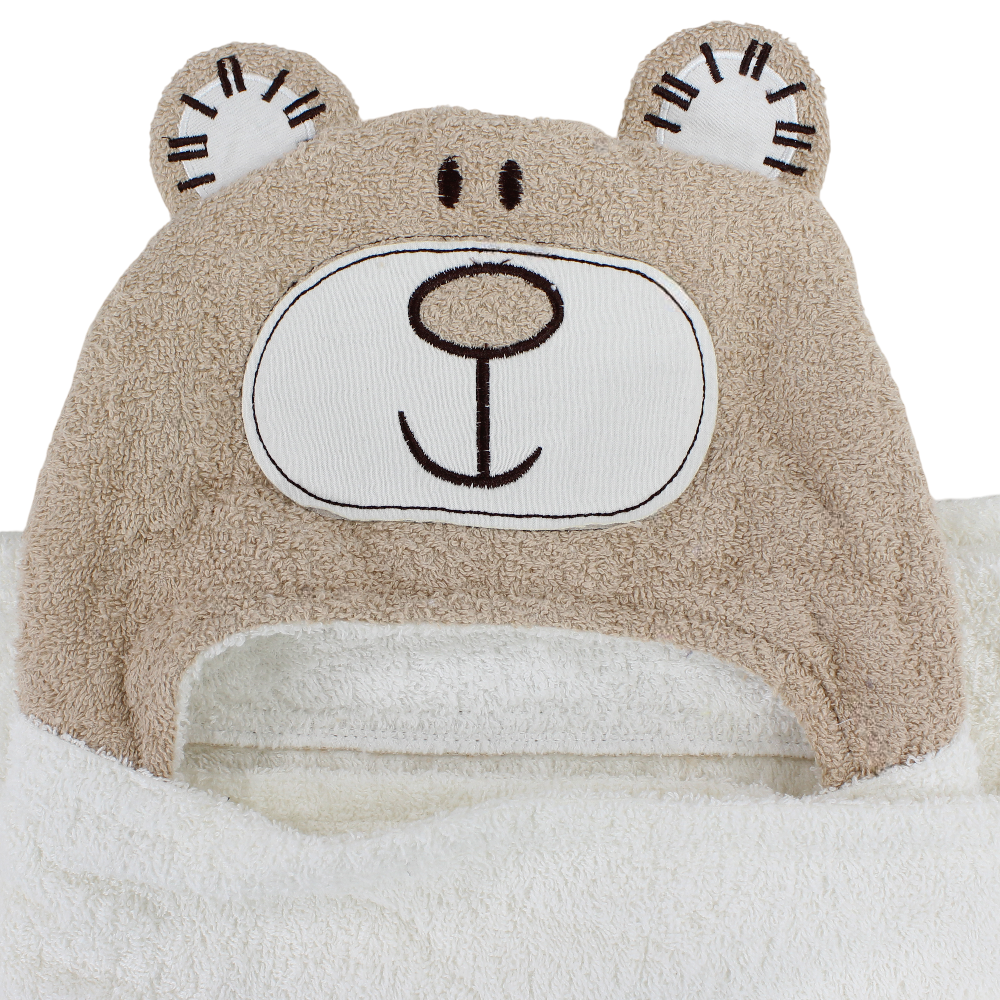 Baby Cotton Hooded Towel  – Off-White & Coffee with Bear Design