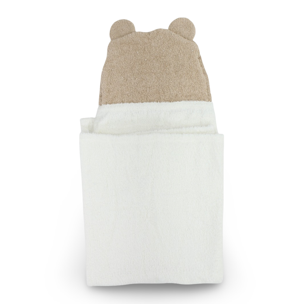 Baby Cotton Hooded Towel  – Off-White & Coffee with Bear Design