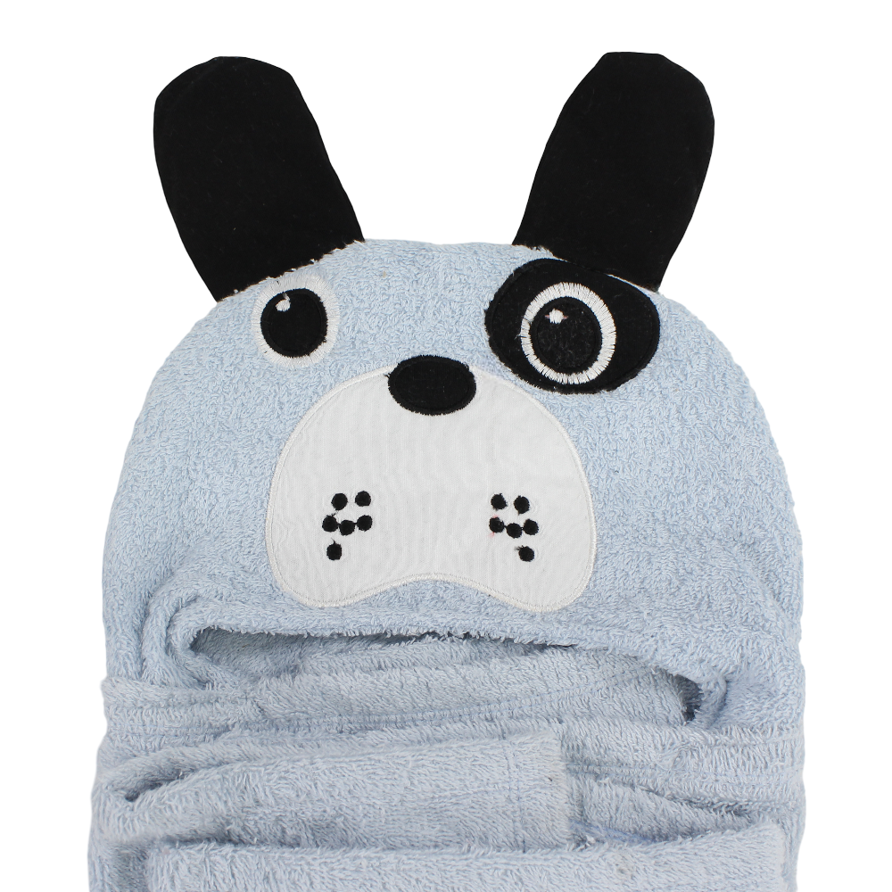 Baby Cotton Hooded Towel – Baby Blue with Puppy Design