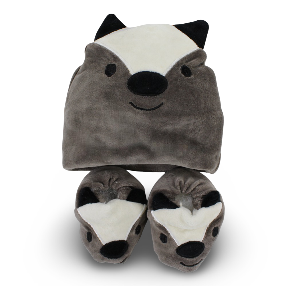Baby Boys Velvet Winter Set – Coffee with Squirrel Design (Beanie + Footies)