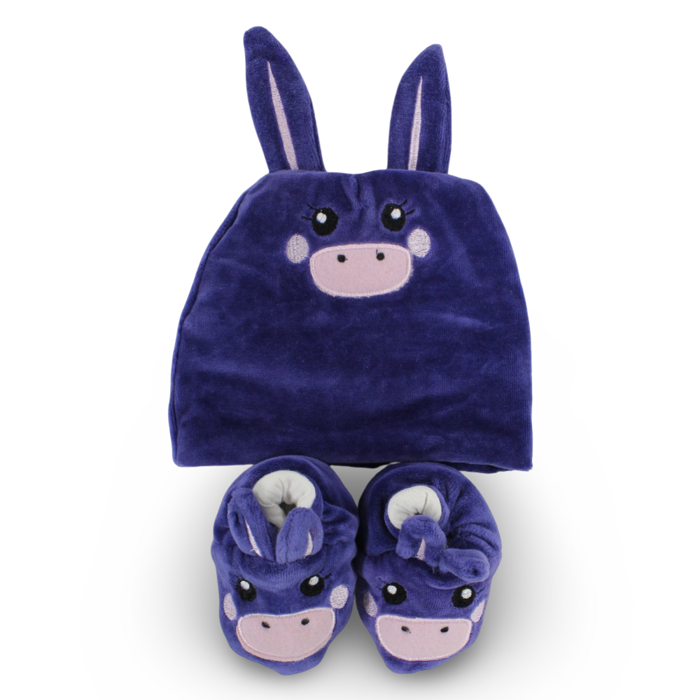 Baby Girls Velvet Winter Set – Purple with Bunny Design (Beanie + Footies)