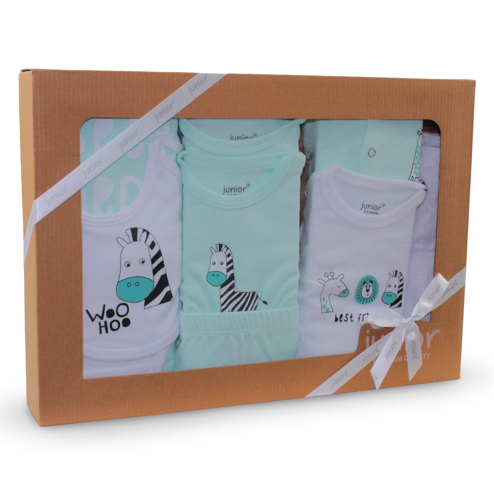 Baby Boys Cotton Gift Box – Mint with “WIld Animals” Design (10 Pcs)