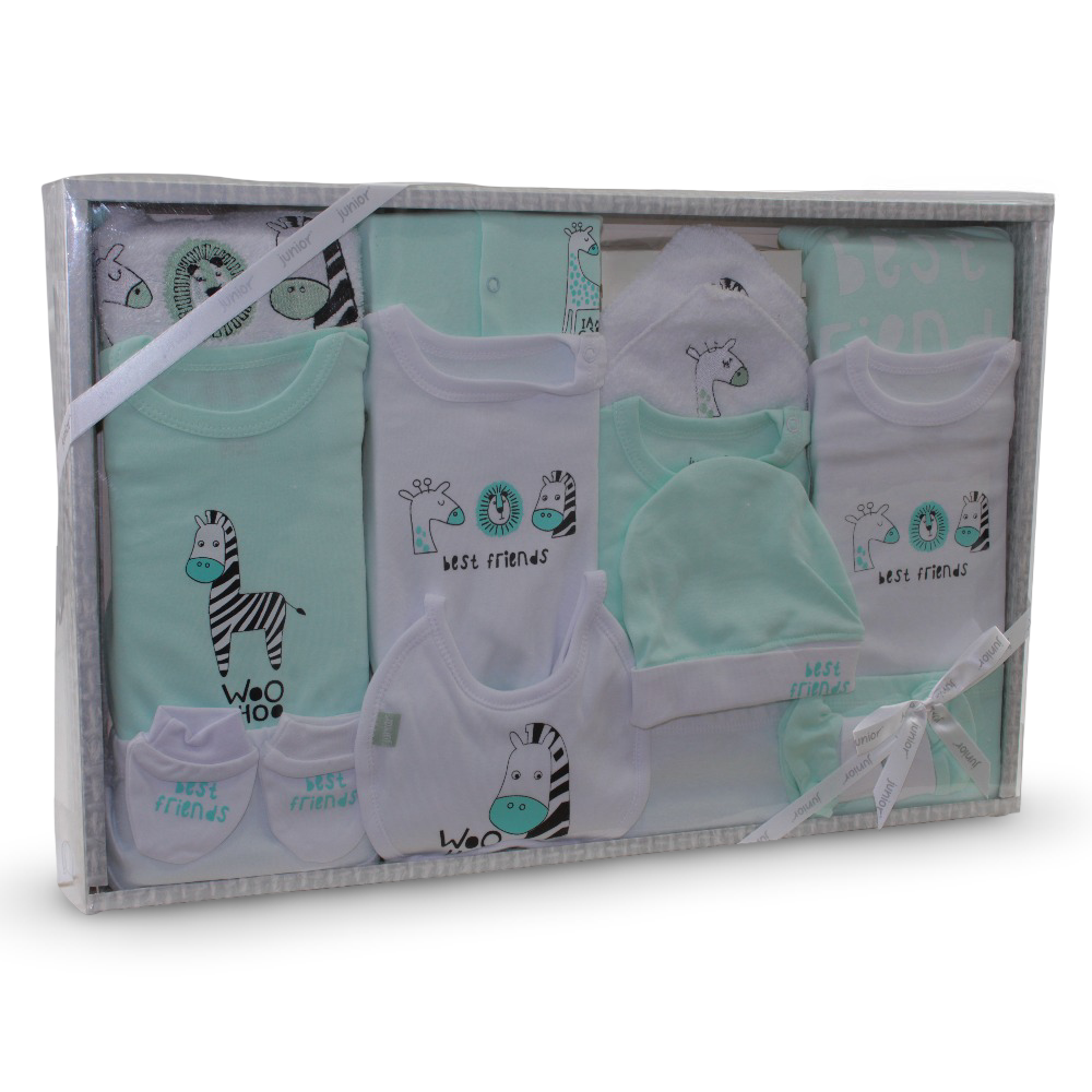 Baby Boys Cotton Gift Box – Mint with “Wild Animals” Design (20 Pcs)