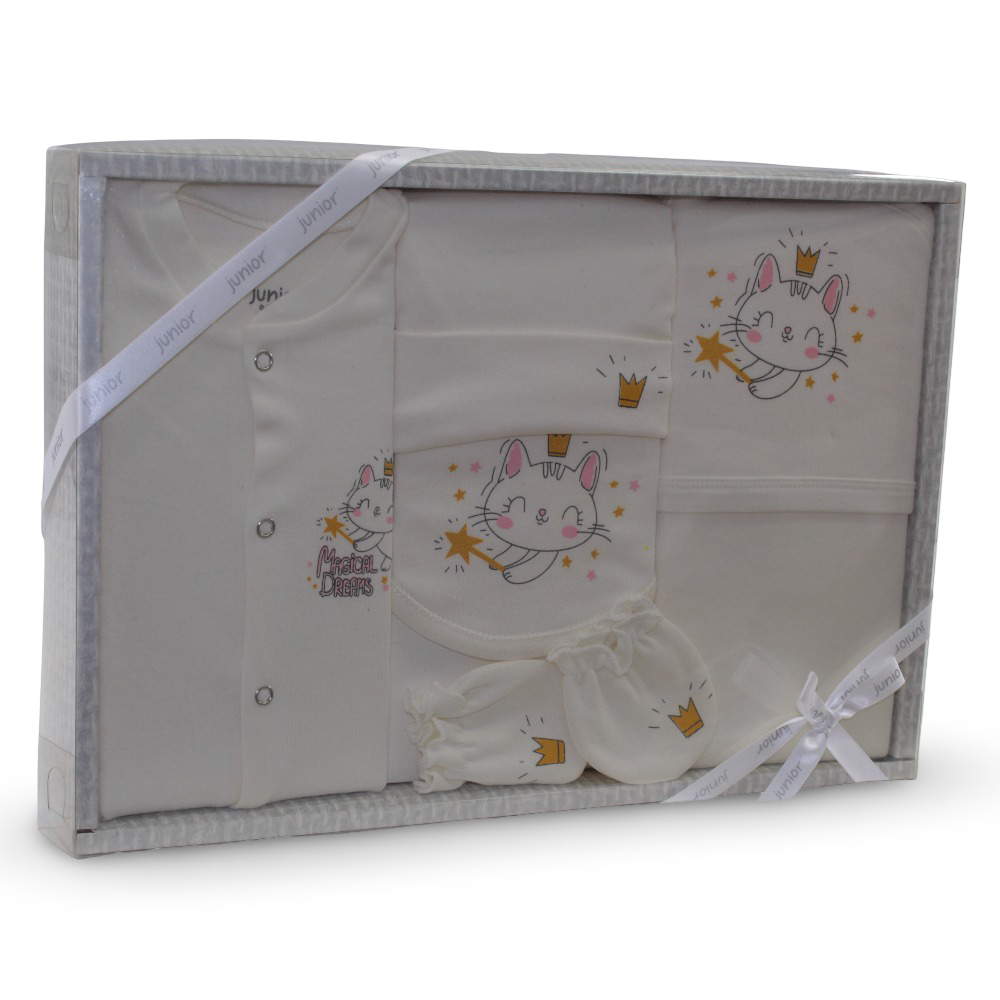 Baby Girls Cotton Gift Box – Off-White with “Magical Dreams” Cat Design (5 Pcs)