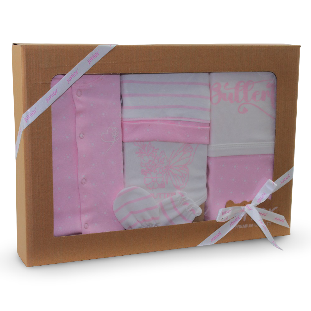 Baby Girls Cotton Gift Box – Pink with “Butterfly” Design (5 Pcs) - Clothing - Junior
