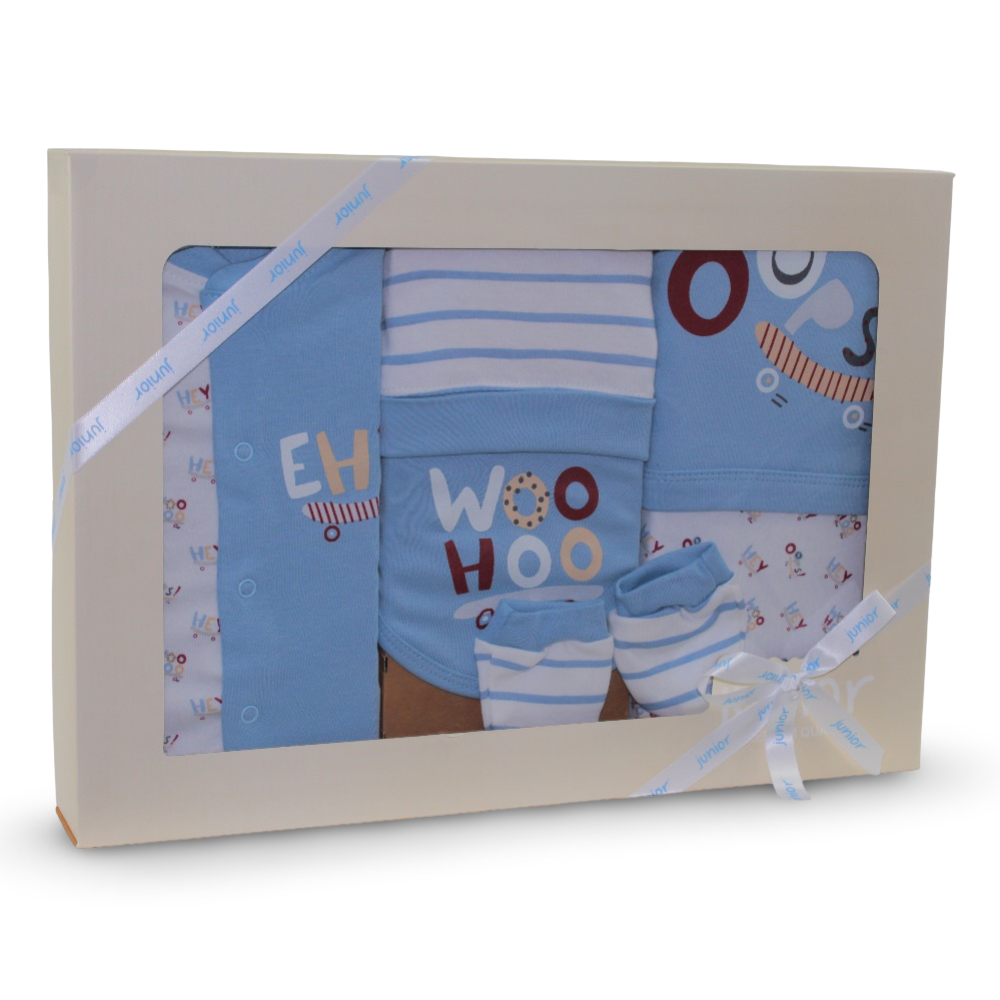 Baby Boys Cotton Gift Box – Baby Blue with “Woo Hoo” Design (5 Pcs)
