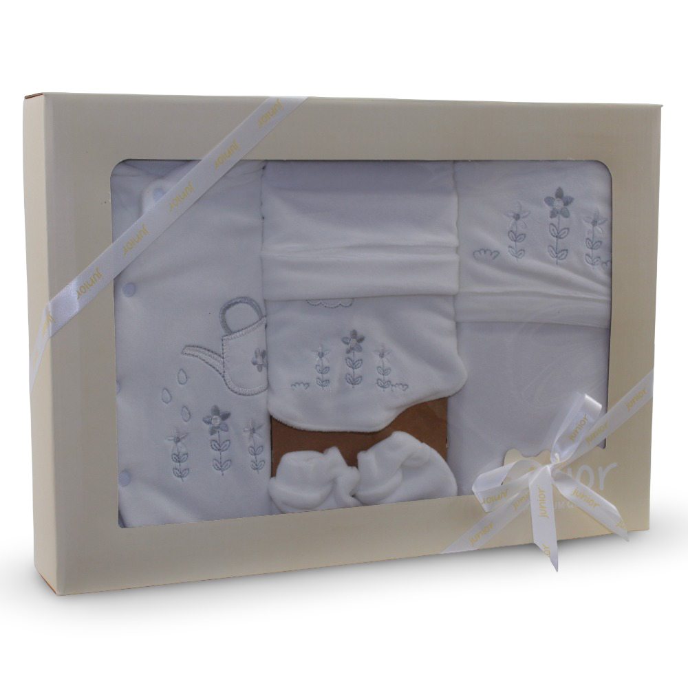 Baby Girls Velvet Gift Box – White with Flowers Design (5 Pcs)