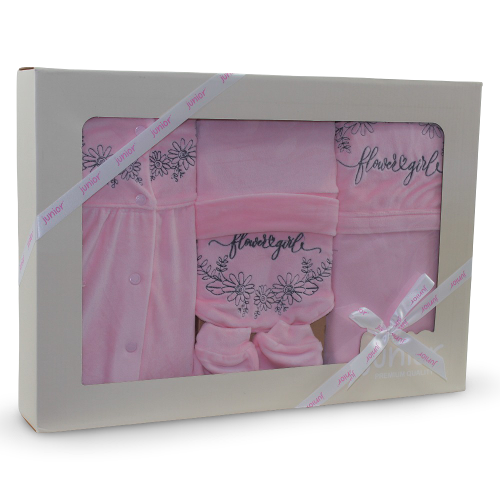 Baby Girls Velvet Gift Box – Pink with Flowers Design (5 Pcs)