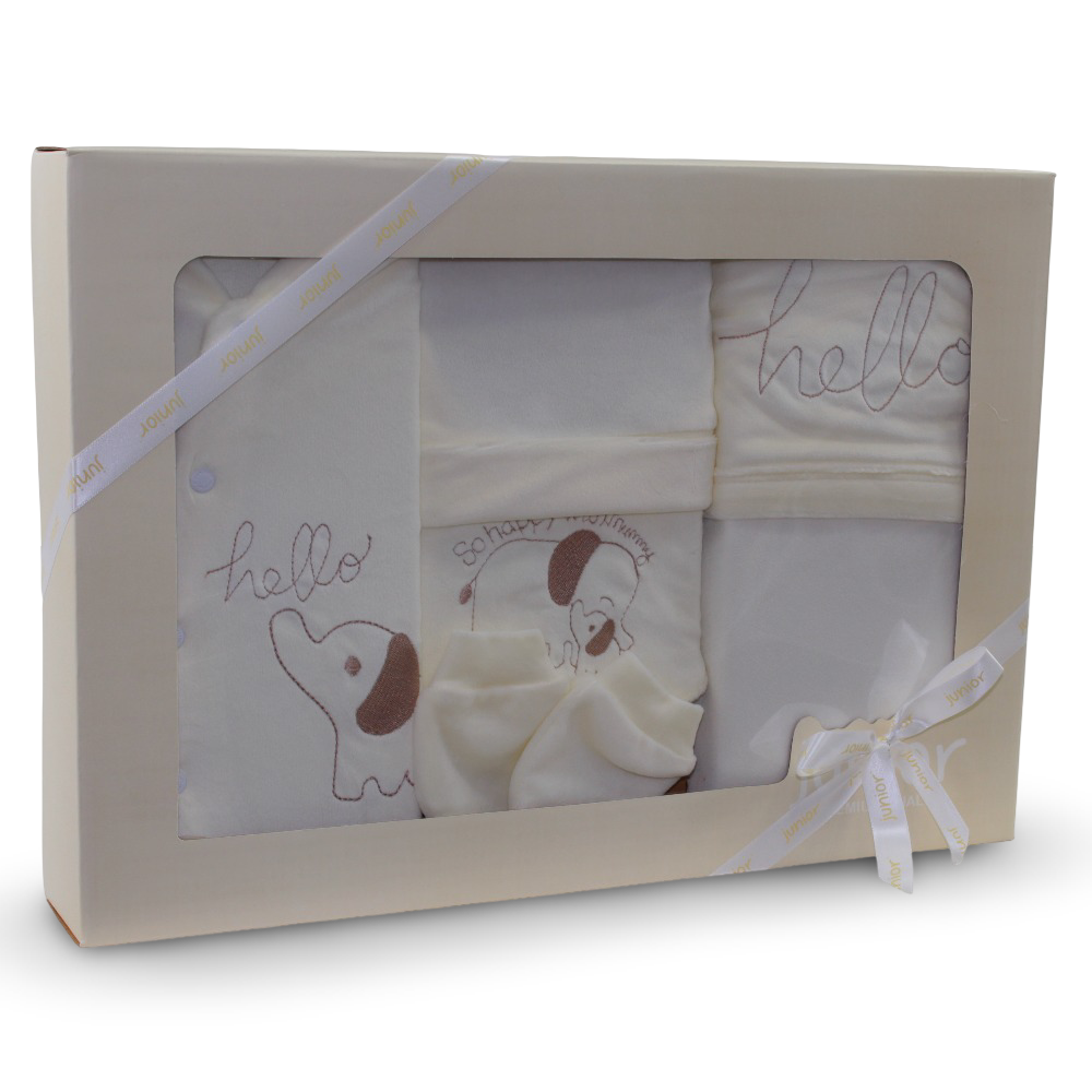Unisex Baby Velvet Gift Box – Off-White with Elephant Design (5 Pcs)