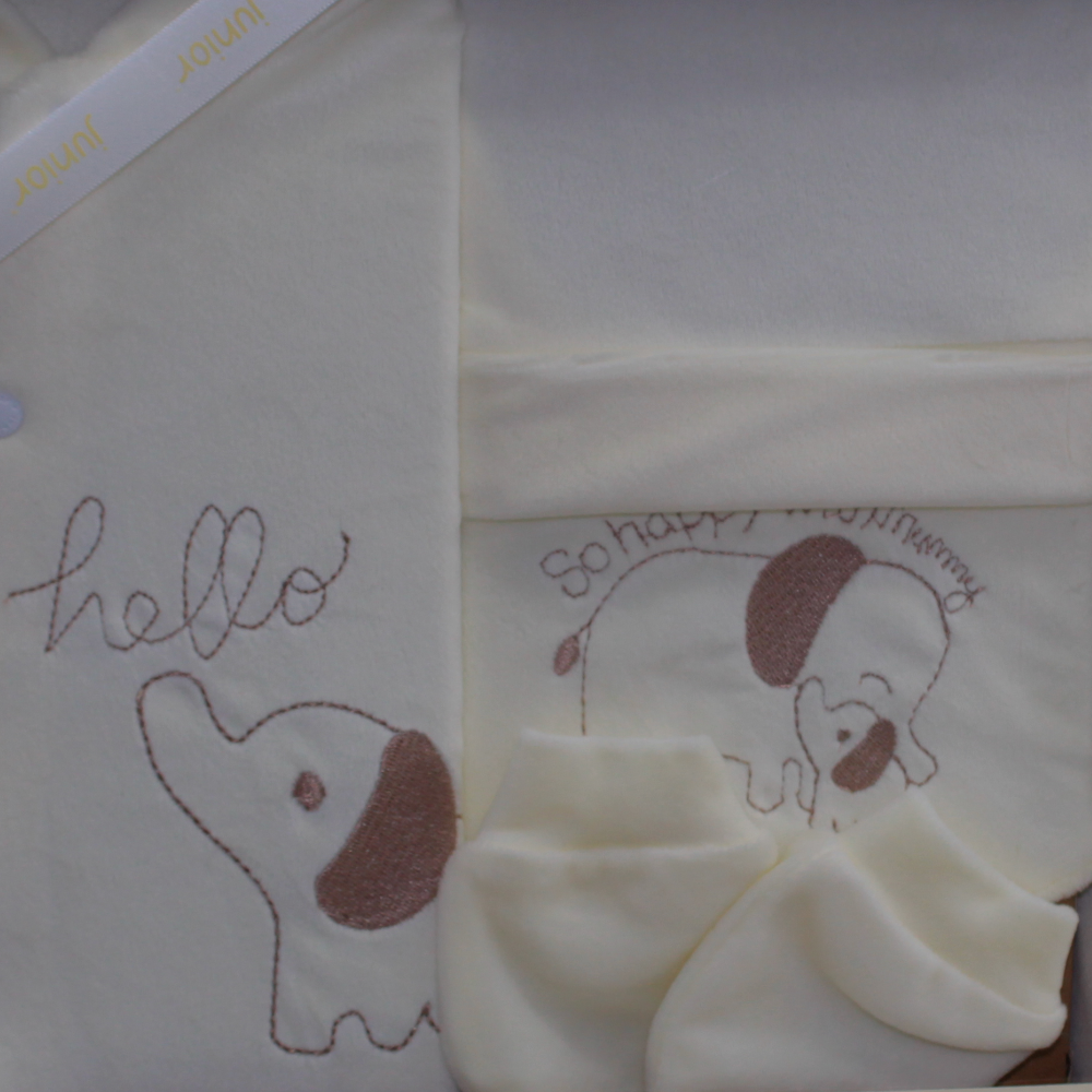 Unisex Baby Velvet Gift Box – Off-White with Elephant Design (5 Pcs)