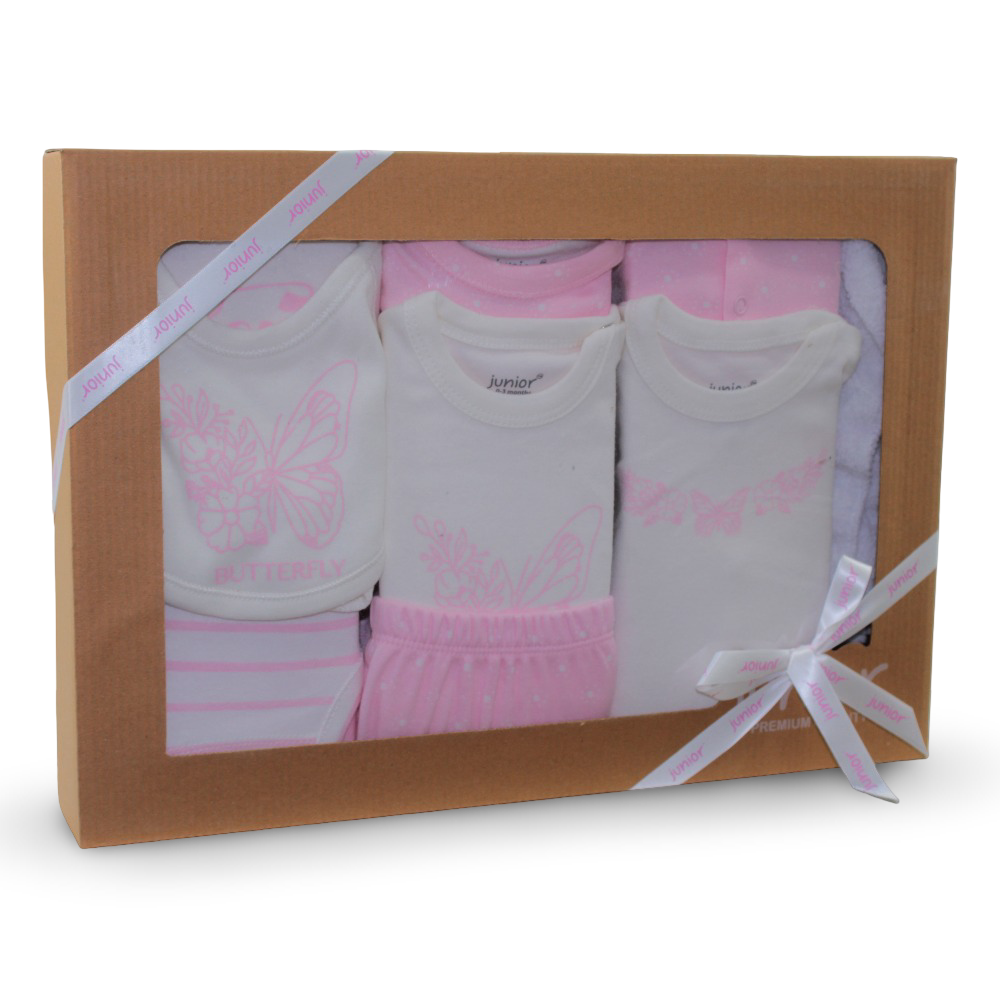 Baby Girls Cotton Gift Box – Pink with Butterfly Design (10 Pcs)
