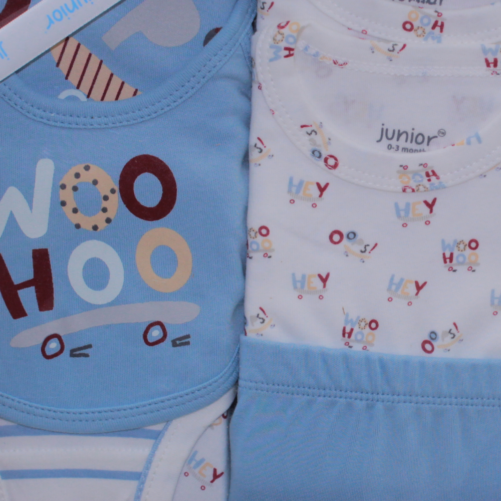 Baby Boys Cotton Gift Box – Baby Blue with “Woo Hoo“ Design (10 Pcs)