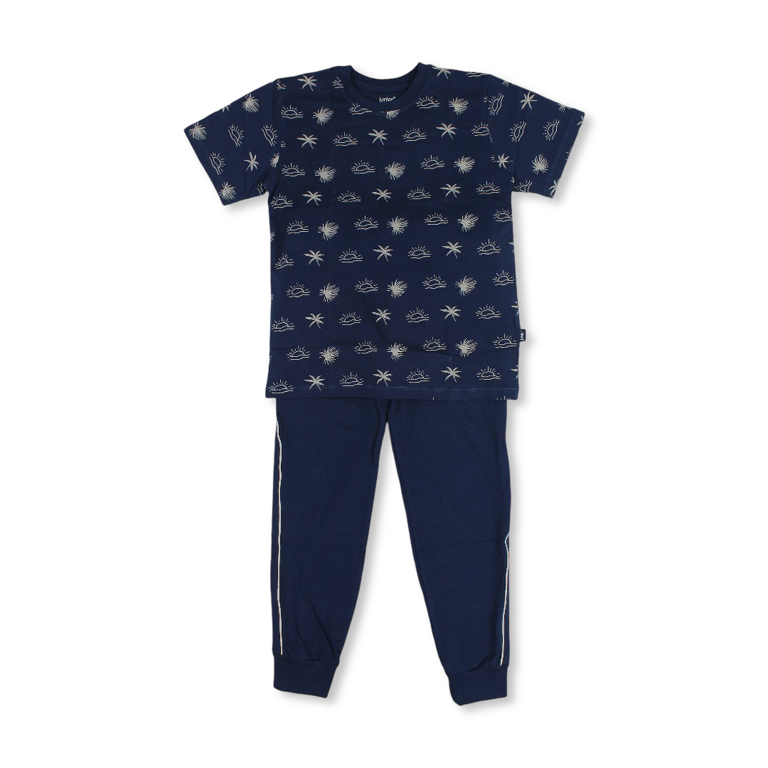 Baby Boys Cotton Pajama – Navy with Sea Waves at Sunset Print - Clothing - Junior