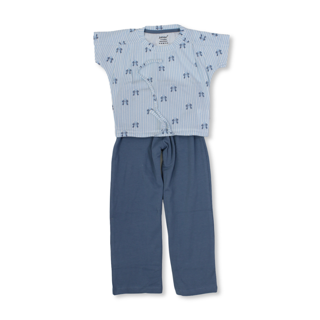Girls Cotton Pajama – Baby Blue with Bows Print - Clothing - Junior