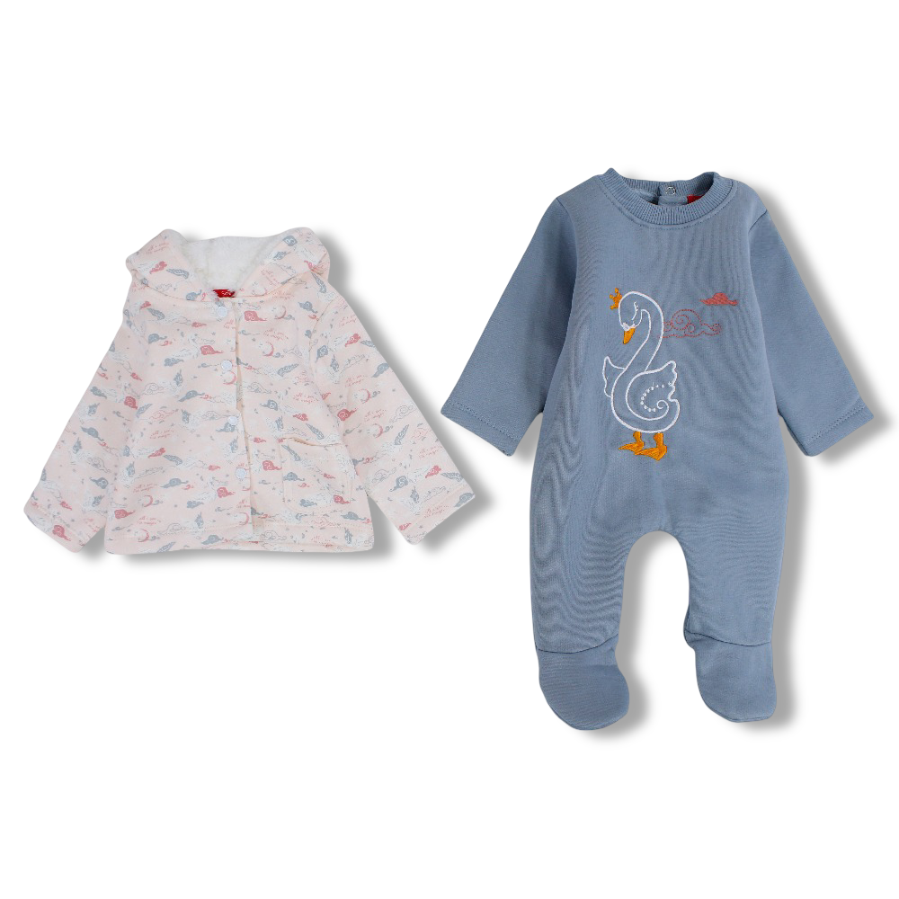 Baby Girls Cotton Baby Footie & Hoodie – Mint with Flamingo Design