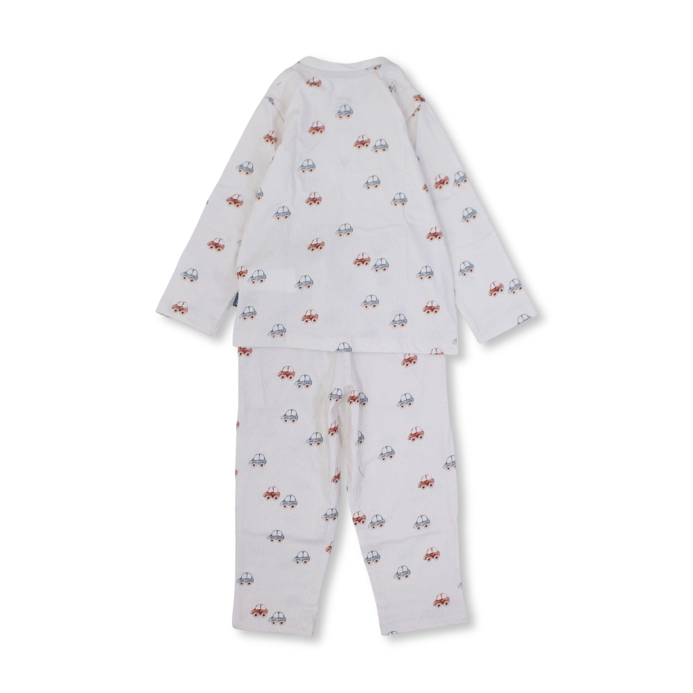 Boys Cotton Pajama – Off-White with Cars Print