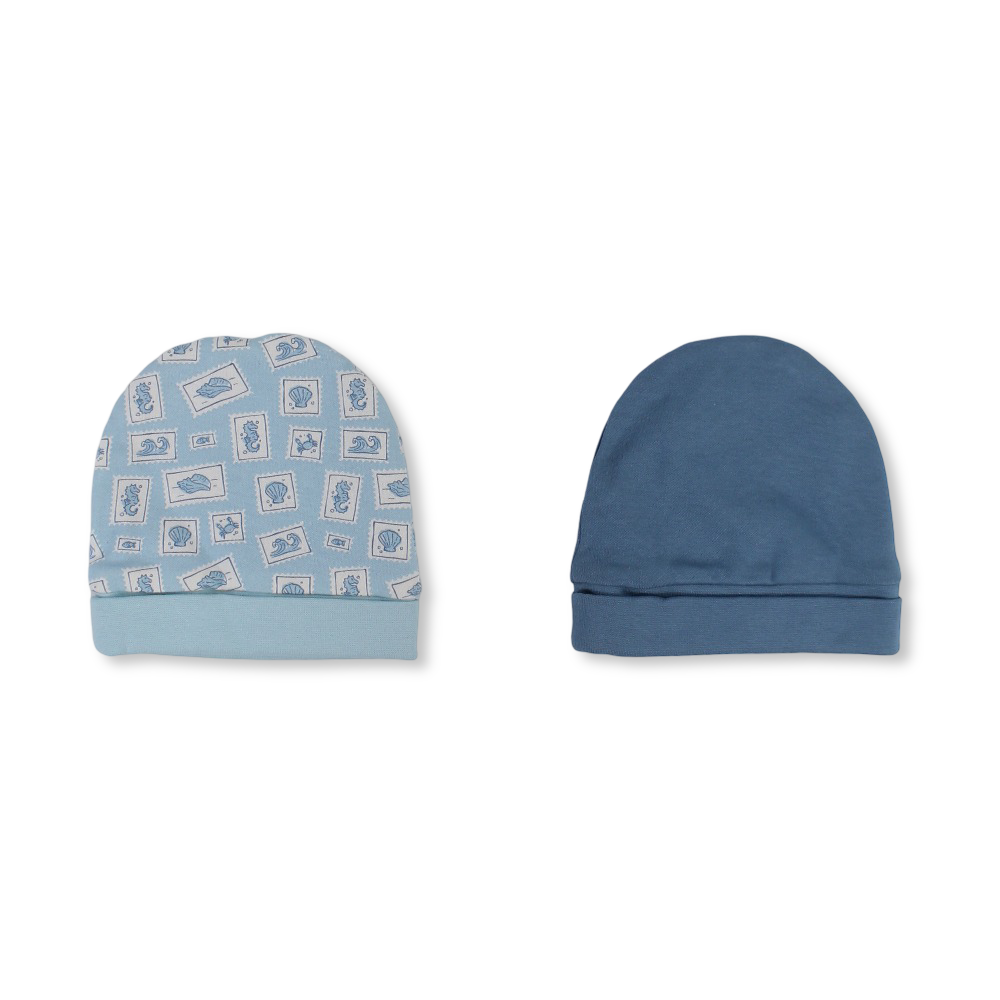 Baby Boys Cotton Beanie – Aqua & Baby Blue with Crab Print
