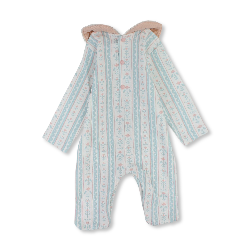 Baby Girls Cotton Baby Footie – Off-White with Striped Rose Print