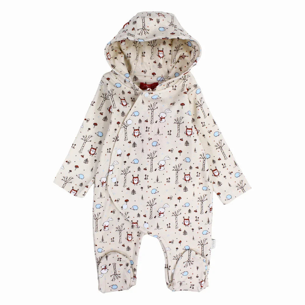 Baby Boys Cotton Hooded Baby Footie - Beige with Animals Print