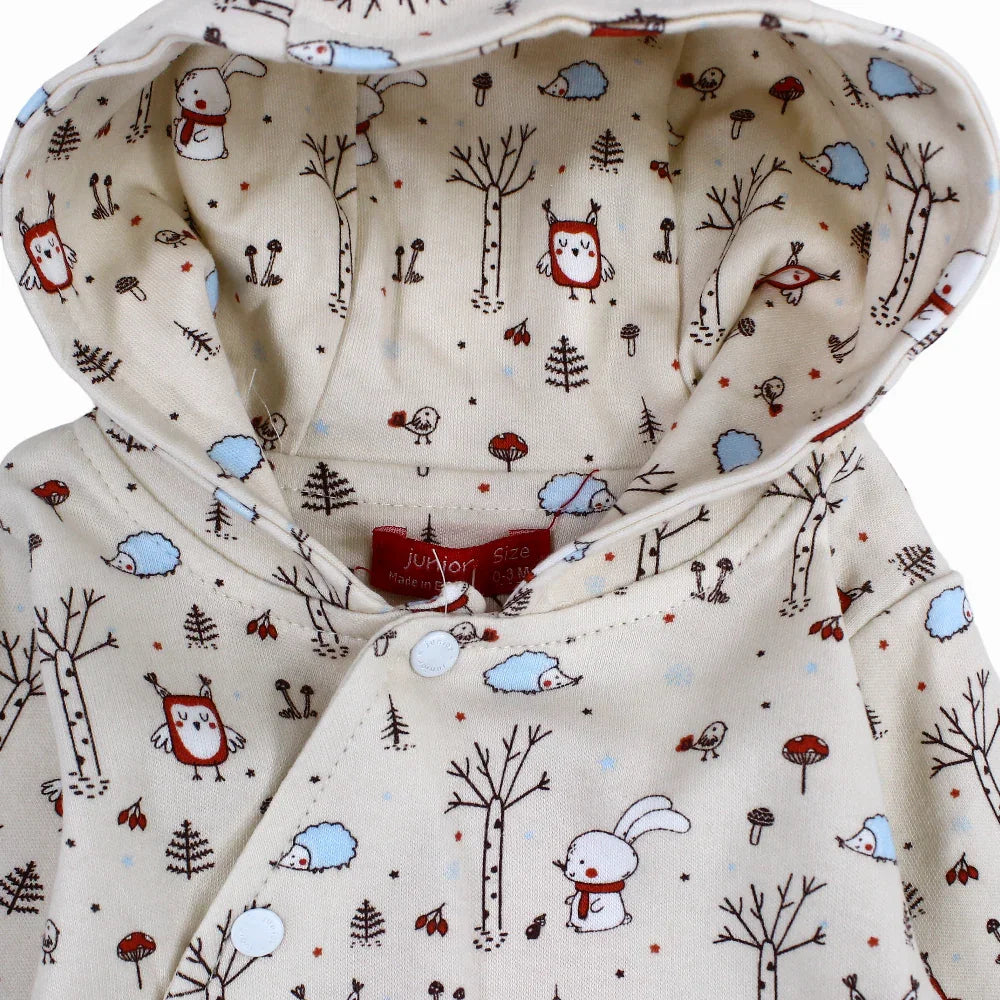 Baby Boys Cotton Hooded Baby Footie - Beige with Animals Print
