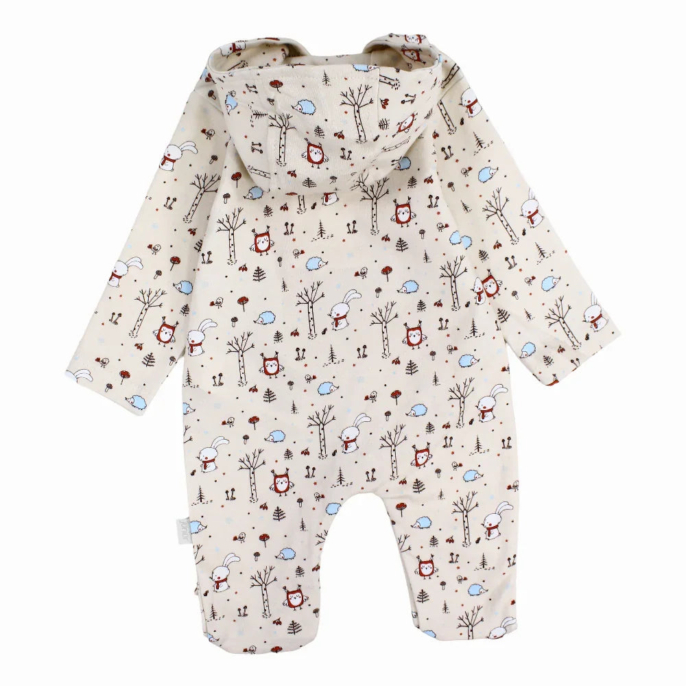 Baby Boys Cotton Hooded Baby Footie - Beige with Animals Print