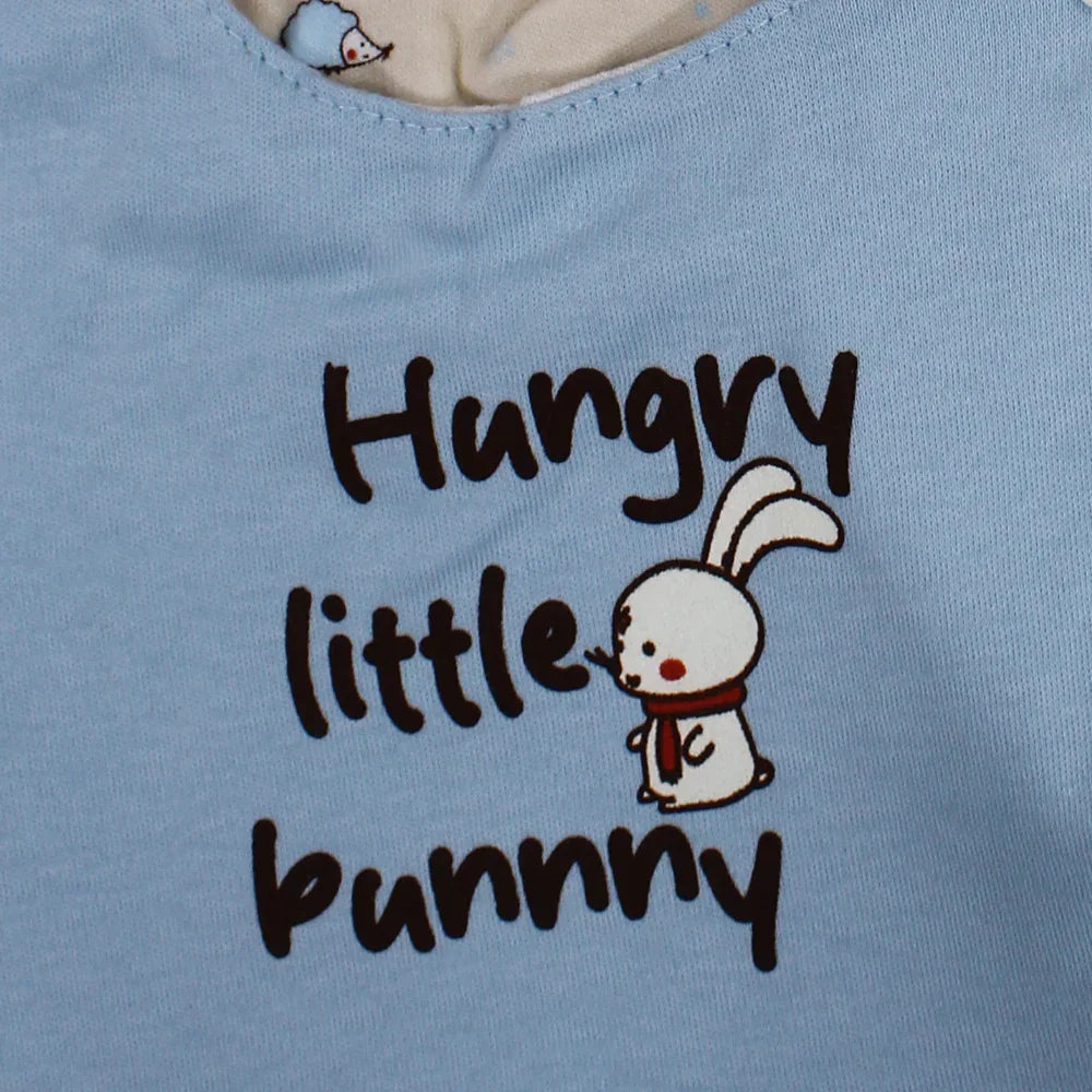 Soft Cotton Baby Bib – Baby Blue & Beige with "Hungry Little Bunny" Print (2Pcs)