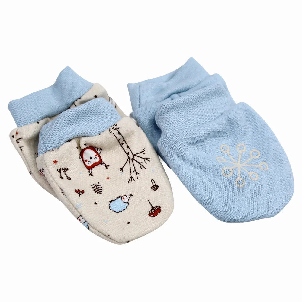 Baby Boys Cotton Hand Mittens Baby Blue Beige with Animals
