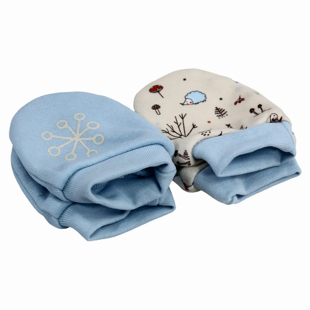 Baby Boys Cotton Hand Mittens - Baby Blue & Beige with Animals Design (2Pcs)