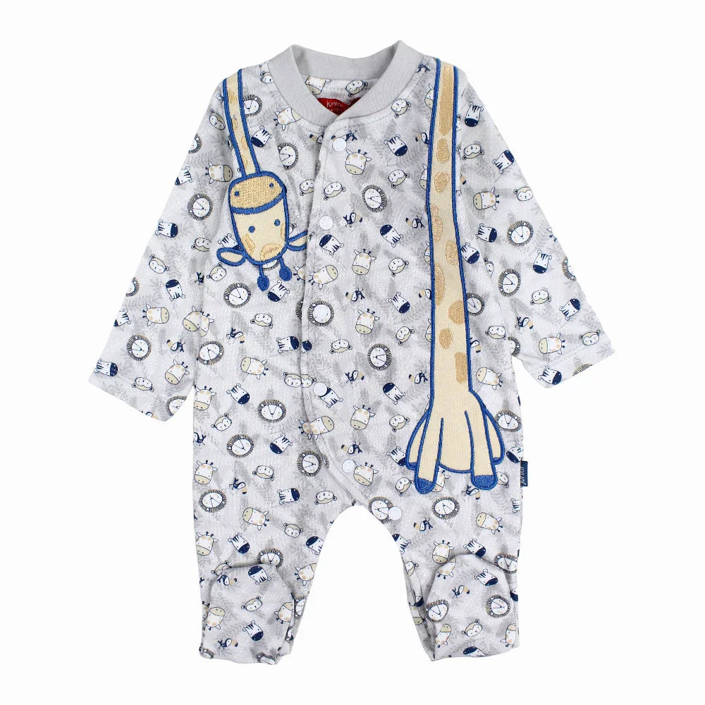 Baby Boys Cotton Baby Footie - Grey with Wild Animals Print