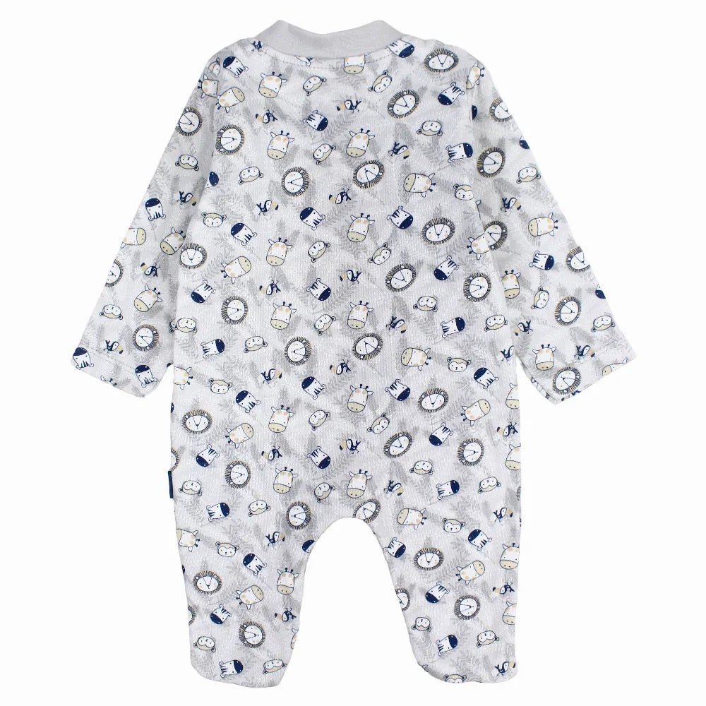 Baby Boys Cotton Baby Footie - Grey with Wild Animals Print