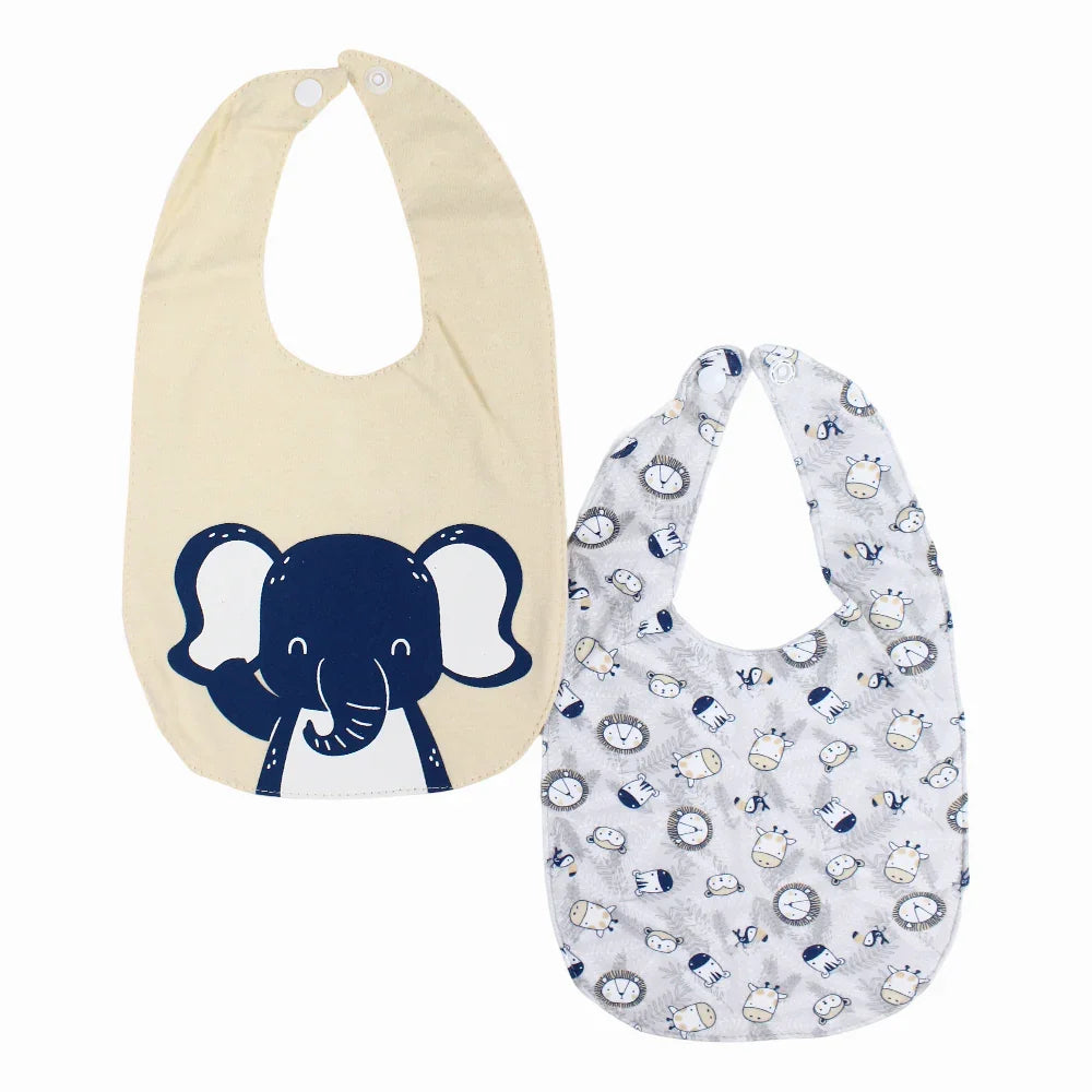 Soft Cotton Baby Bib – Beige & Grey with Animal Print (2Pcs)