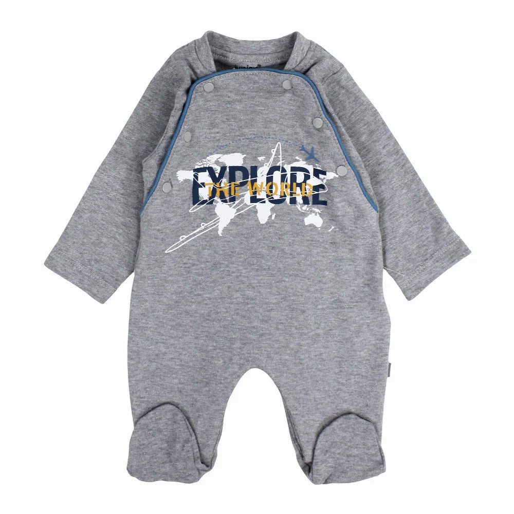Baby Boys Cotton Baby Footie - Grey with “EXPLORE” Print - Clothing - Junior