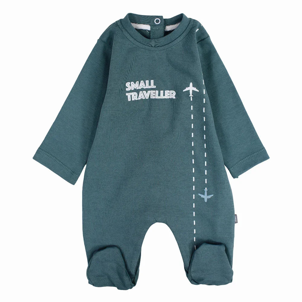 Baby Boys Cotton Baby Footie - Mint with “SMALL TRAVELLER” Print