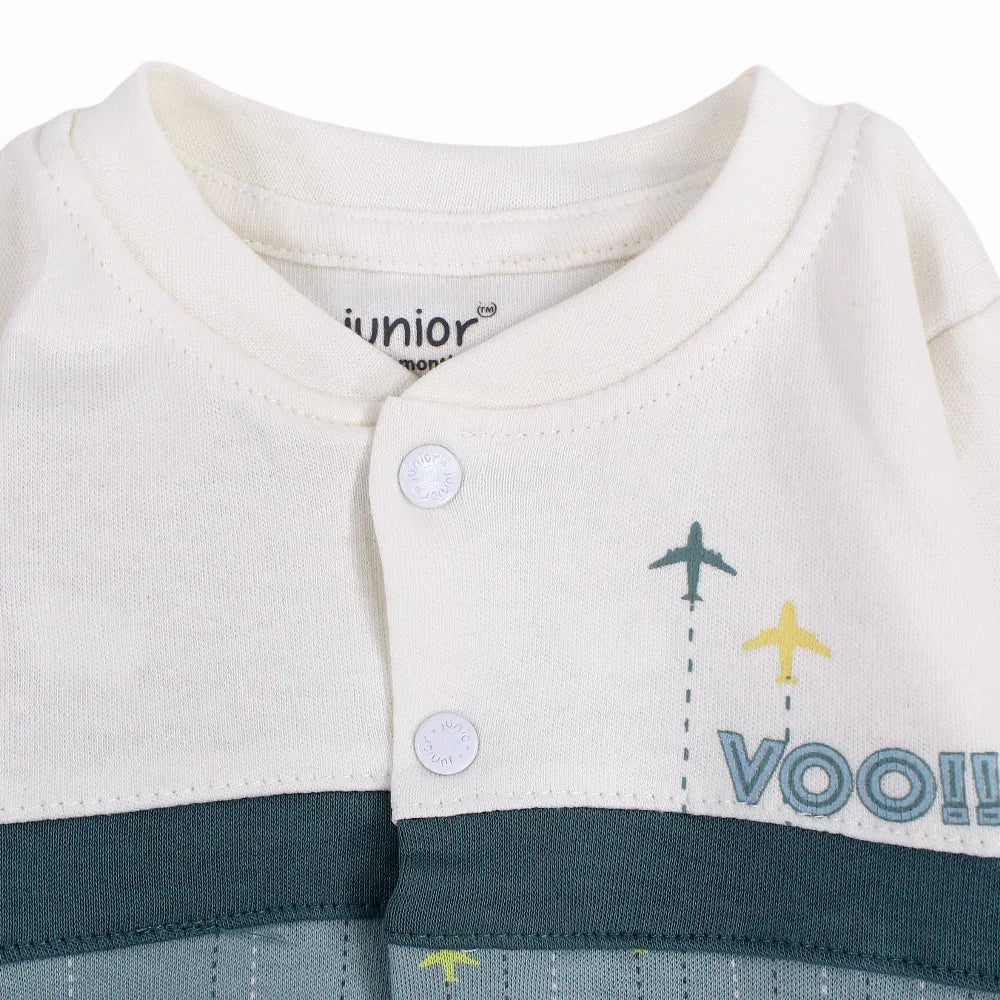 Baby Boys Cotton Footless Onesie - Mint with Airplane “VOO!!” Print