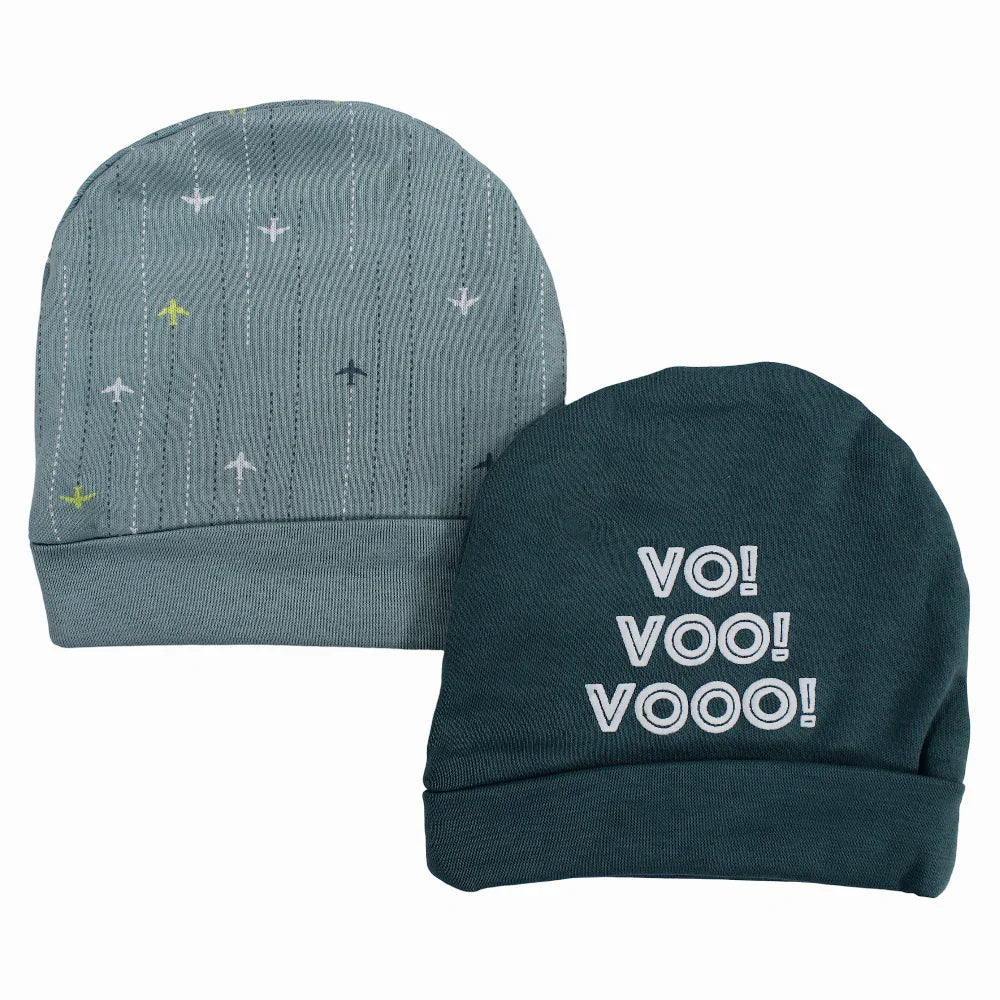 Baby Boy Cotton Beanie – Mint with Airplane “VOO!!” Design (2Pcs)