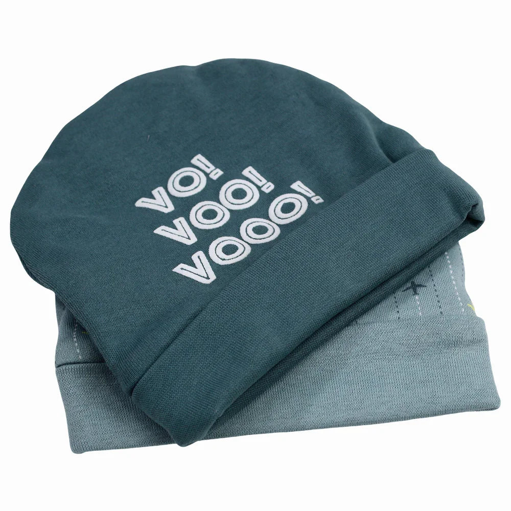 Baby Boy Cotton Beanie – Mint with Airplane “VOO!!” Design (2Pcs)