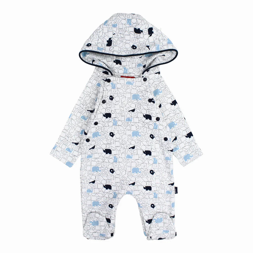 Baby Boys Cotton Hooded Baby Footie – Off-white with a Cute Print