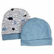 Baby Boys Cotton Beanie - Blue & Off-white with a Cute Print (2Pcs)